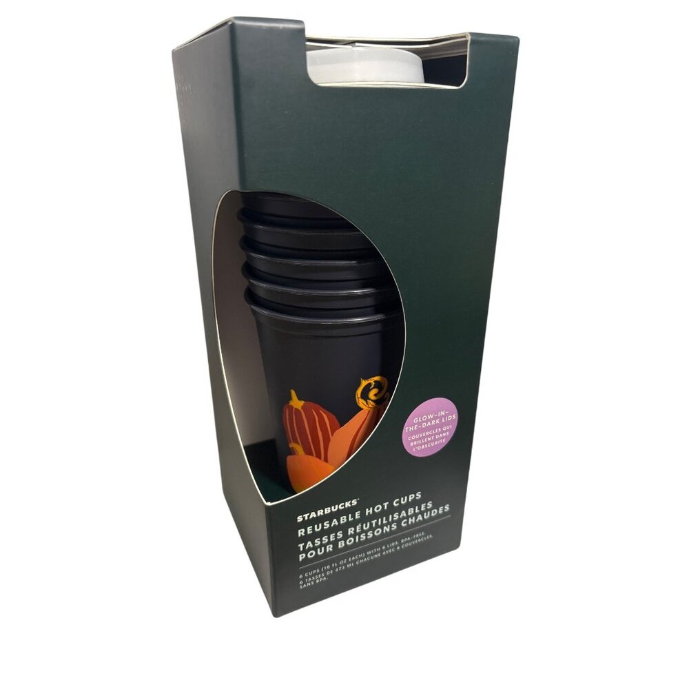 Starbucks Reusable Hot Cups Glow In The Dark Lids Set Of 6 Halloween 2021 NEW 16